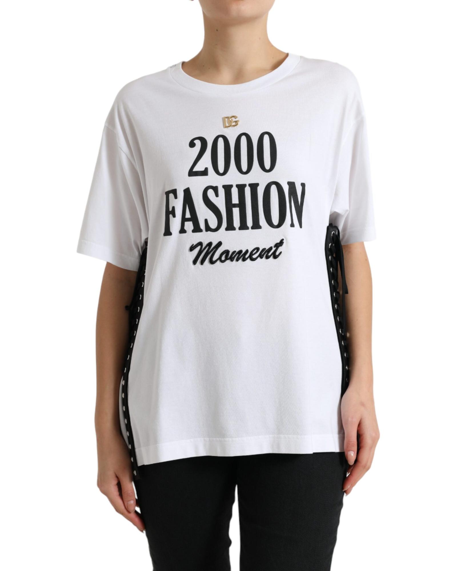 V539-TSH84228-38-169791-00 Dolce & Gabbana Women's White Slogan Print Lacing Detailed T-shirt - 38 IT - Image 1