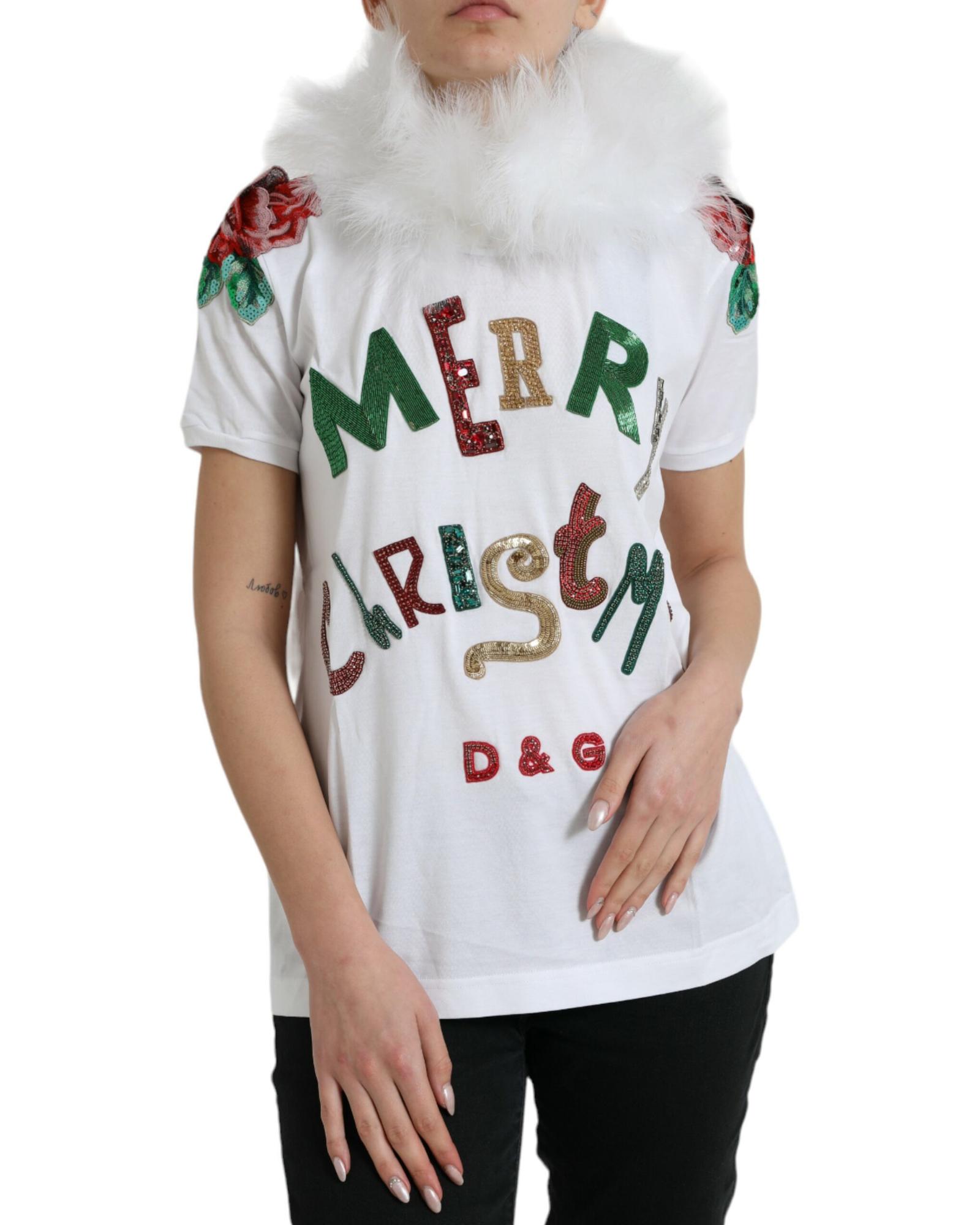 V539-TSH84529-40-202506111636-00 Dolce & Gabbana Women's White Cotton Christmas Sequin Fur T-shirt - 40 IT - Image 1
