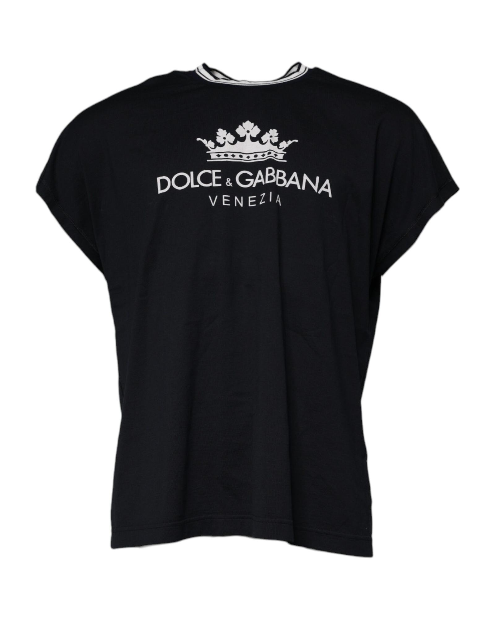 V539-TSH90053-48-202506181202-00 Dolce & Gabbana Men's Dark Blue Logo Crown Cotton Crew Neck T-shirt - 48 IT - Image 1