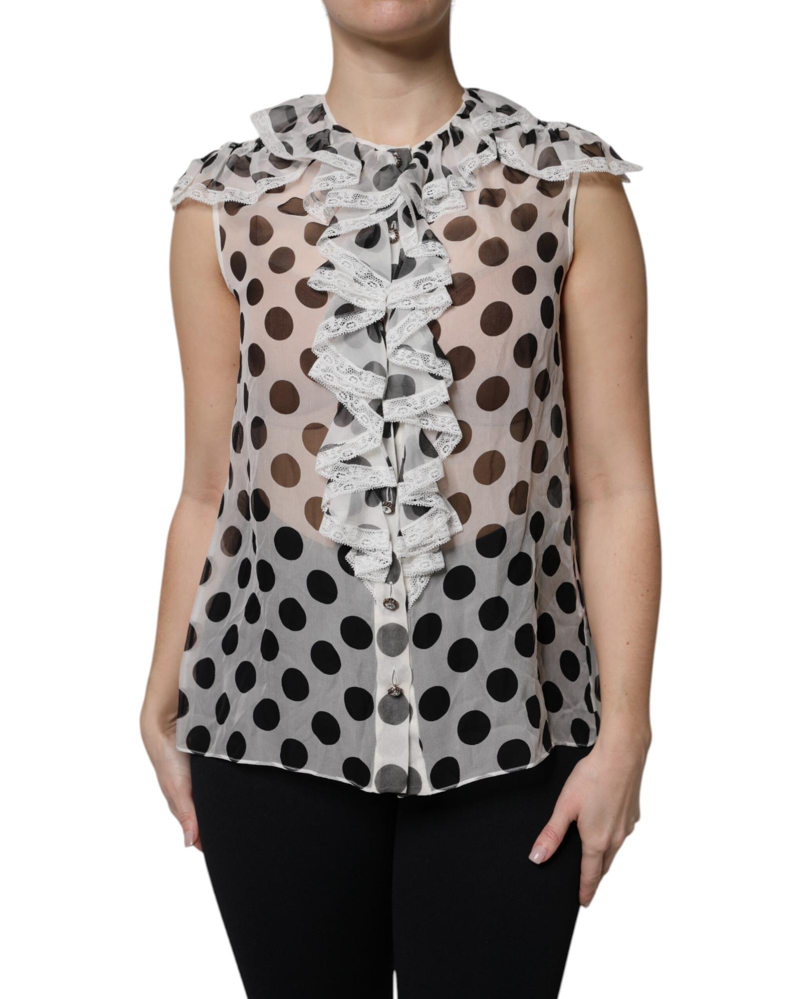 V539-TSH90240-40-202506181221-00 Dolce & Gabbana Women's White Black Polka Dot Cotton Sleeveless Top - 40 IT - Image 1