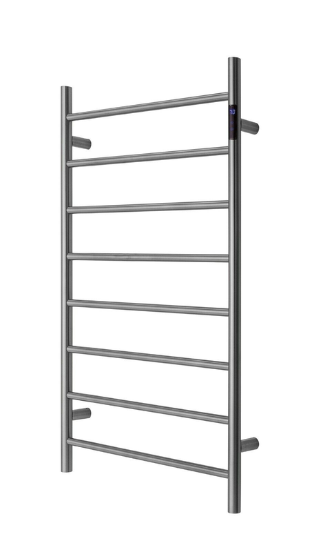 V549-10062ROUNDLEDBRUSHNICKEL-109729-00 Premium Brushed Nickel Heated Towel Rack with LED control- 8 Bars, Round Design, AU Standard, 1000x620mm Wide - Image 1