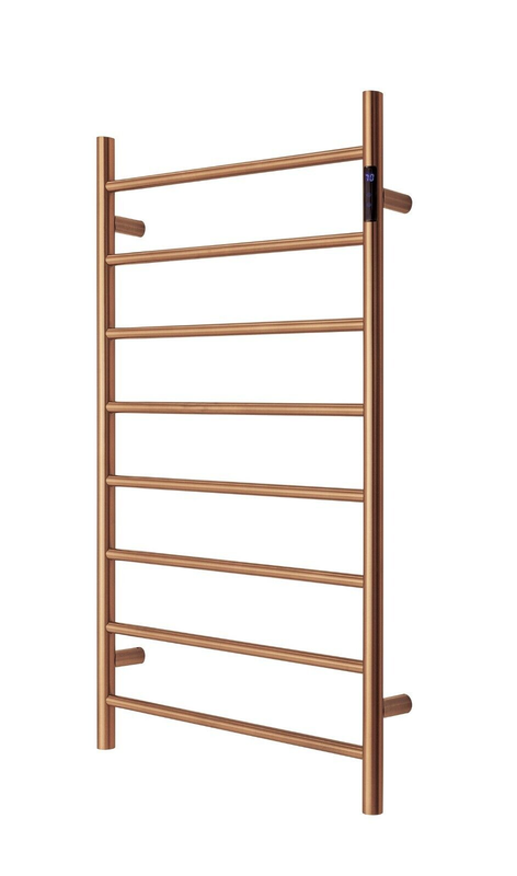 V549-10062ROUNDLEDBRUSHROSE-109727-00 Premium Brushed Rose Gold Heated Towel Rack with LED control- 8 Bars, Round Design, AU Standard, 1000x620mm Wide - Image 1