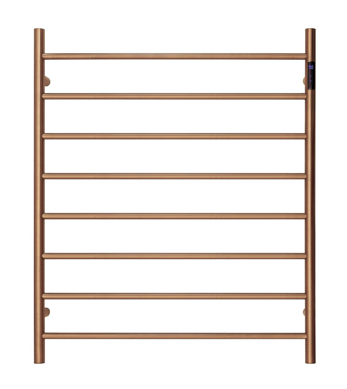 V549-10085ROUNDLEDBRUSHROSE-109655-00 Premium Brushed Rose Gold Heated Towel Rack with LED- 8 Bars, Round Design, AU Standard, 1000x850mm Wide - Image 1
