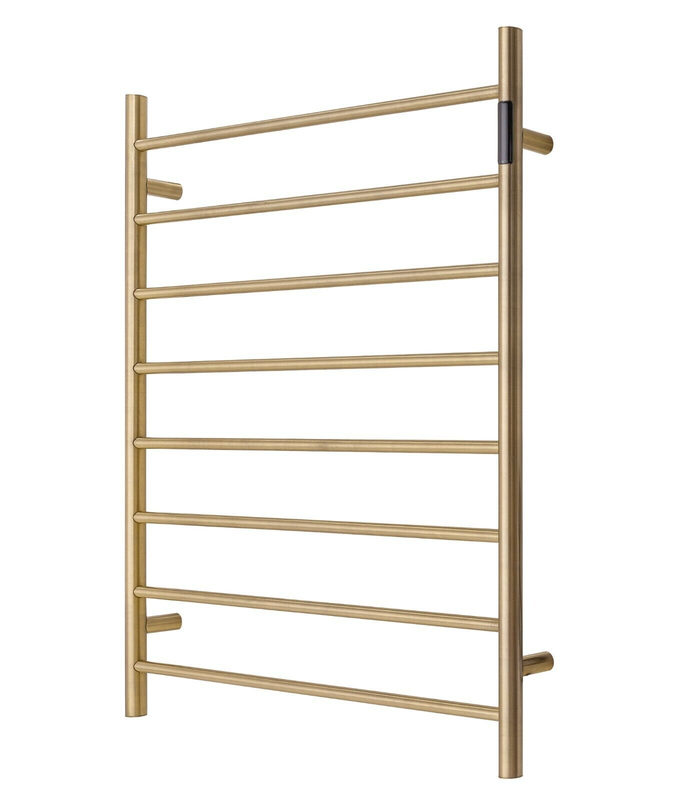 V549-10085ROUNDLEDGOLD-109651-00 Premium Brushed Gold Heated Towel Rack with LED control- 8 Bars, Round Design, AU Standard, 1000x850mm Wide - Image 1
