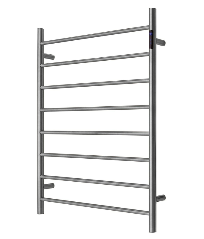 V549-10085ROUNDLEDGUN-109632-00 Premium Gunmetal Heated Towel Rack with LED control - 8 Bars, Round Design, AU Standard, 1000x850mm Wide - Image 1