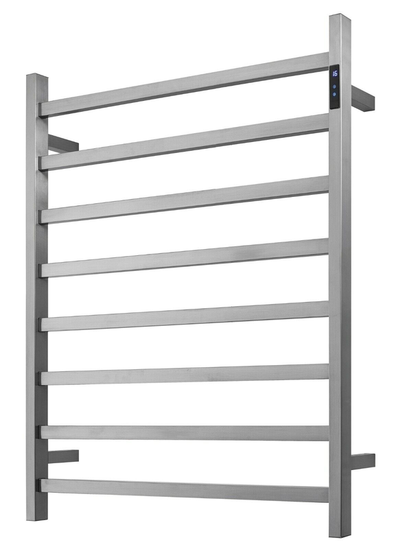 V549-10085SQUARELEDBRUSHNICKEL-109650-00 Premium Brushed Nickel Heated Towel Rack with LED control - 8 Bars, Square Design, AU Standard, 1000x850mm Wide - Image 1