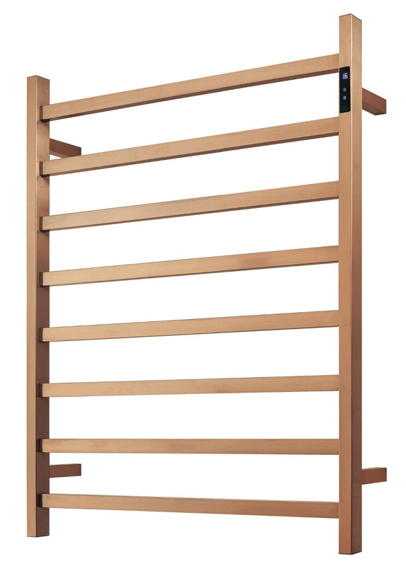 V549-10085SQUARELEDBRUSHROSE-109648-00 Premium Brushed Rose Gold Heated Towel Rack with LED control- 8 Bars, Square Design, AU Standard, 1000x850mm Wide - Image 1