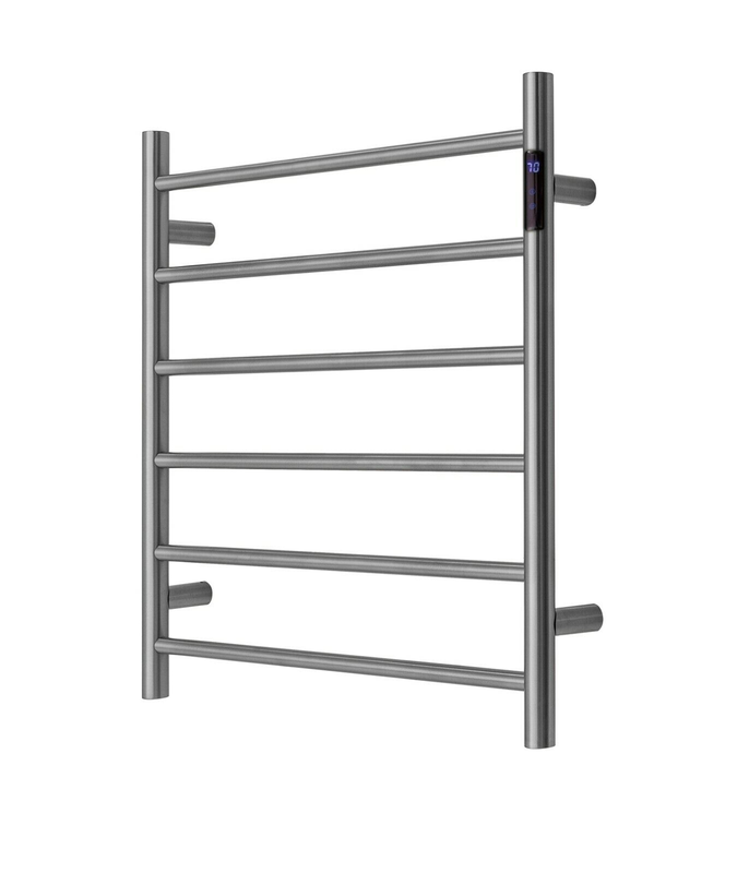 V549-6562ROUNDLEDCHROME-109787-00 Premium Brushed Chrome Heated Towel Rack with LED control- 6 Bars, Round Design, AU Standard, 650x620mm Wide - Image 1