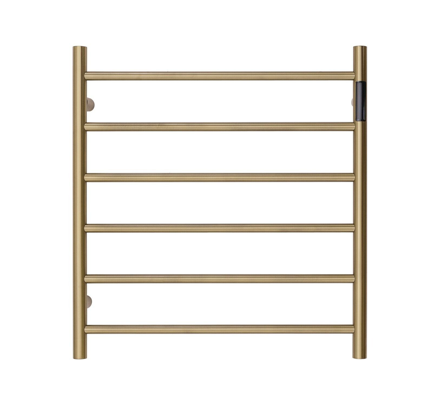 V549-6562ROUNDLEDGOLD-109788-00 Premium Brushed Gold Heated Towel Rack with LED control- 6 Bars, Round Design, AU Standard, 650x620mm Wide - Image 1