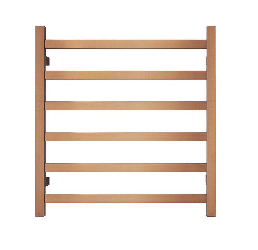 V549-6562SQUAREHEATBRUSHROSE-109766-00 Premium Brushed Rose Gold Heated Towel Rack - 6 Bars, Square Design, AU Standard, 650x620mm Wide - Image 1
