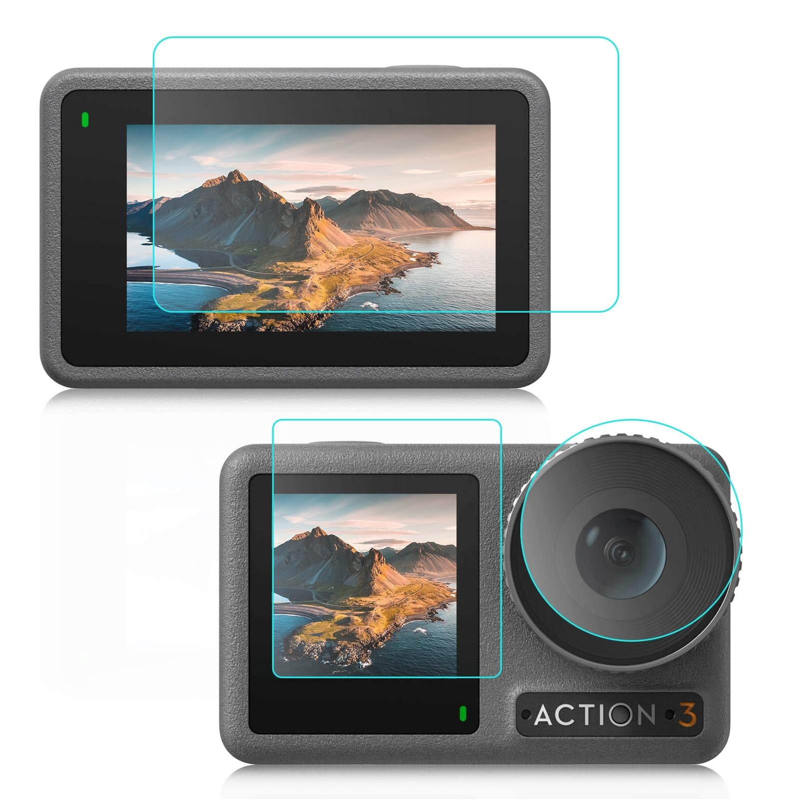 V562-018UP-202503062200-00 Tempered Glass Film Set for Dji Action 3 - 3-in-1 Protection for Front and Back Screens and Lenses - Image 1
