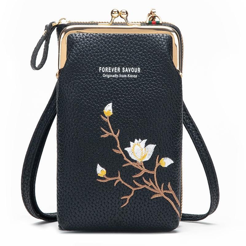 V562-2010934060DBT-202505191435-00 Black Embroidered Single Shoulder Phone Bag Wallet - Black - Image 1