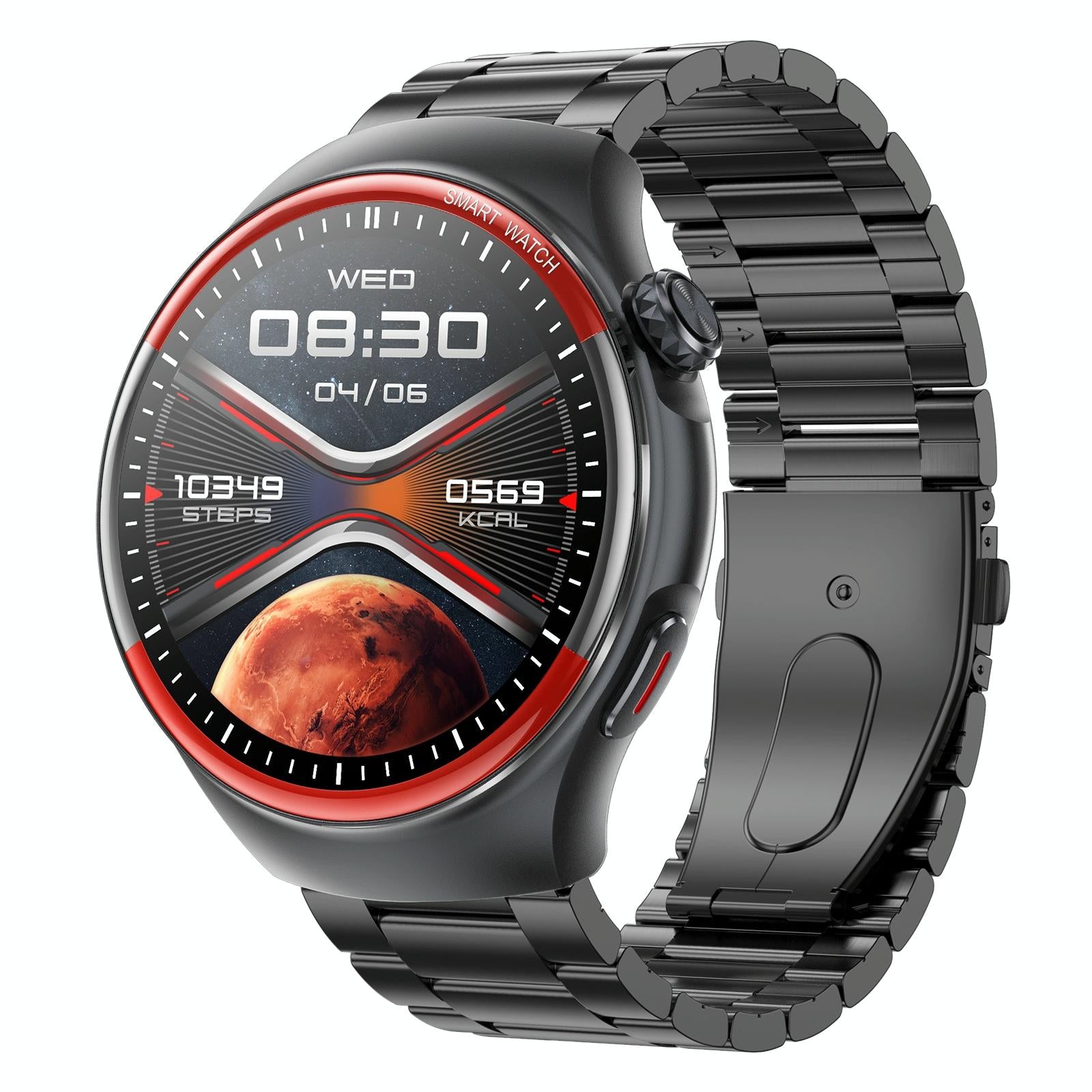 Smart Round Screen Watch With Bt Call And Health Tracking - Leather - Stainless Steel Black