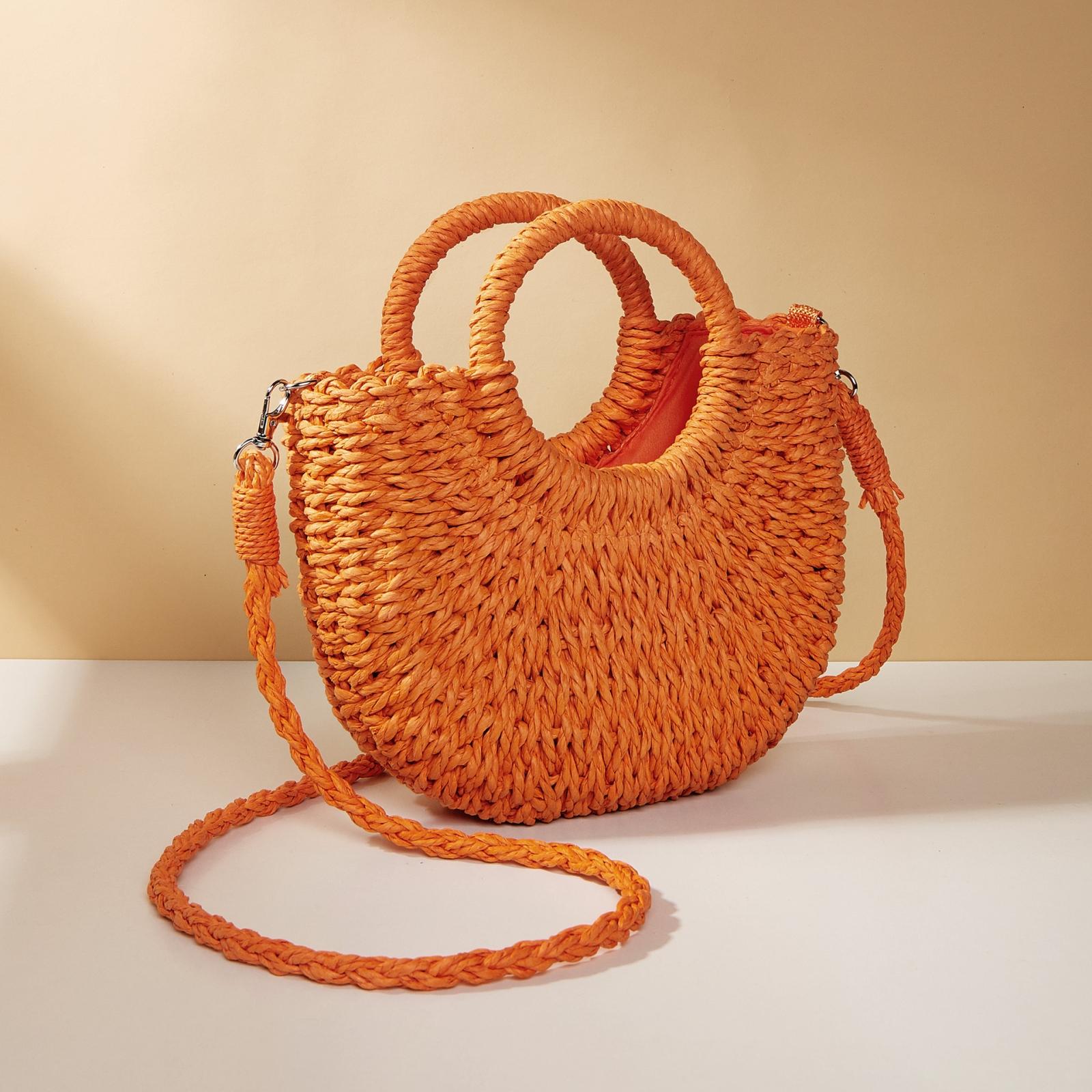 V562-4010154060DBT-202505191641-00 Beige Half Moon Straw Tote Woven Beach Bag - Orange Red - Image 1