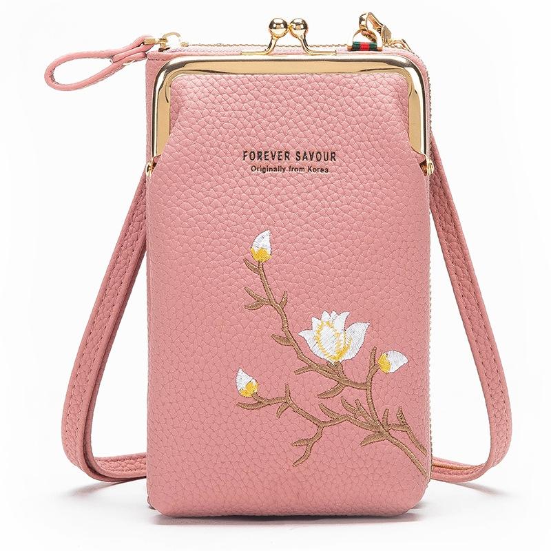 V562-4010934060DBT-202505191510-00 Black Embroidered Single Shoulder Phone Bag Wallet - Dark Pink - Image 1