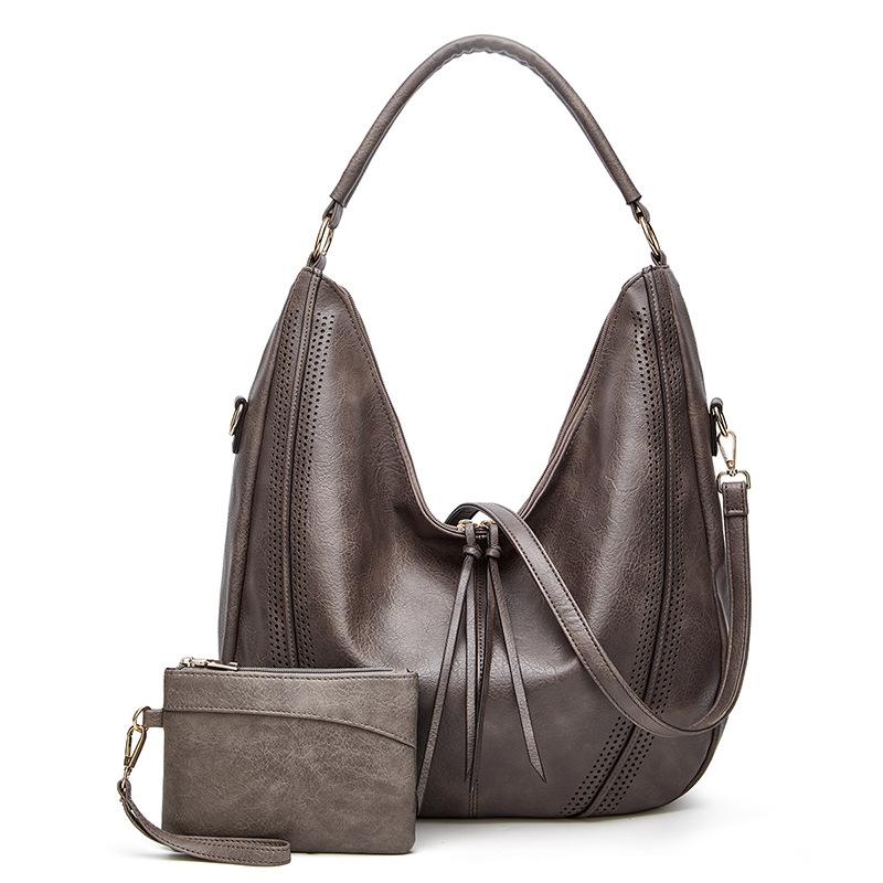 V562-4055125060DBT-202505191654-00 Large Capacity Pu Leather Tote Bag Black - 2 In 1 Light Gray - Image 1