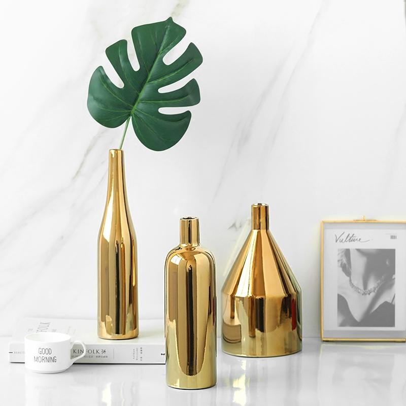 V562-4080097610DBT-202503041615-00 Gold Plated Ceramic Flower Vase - Desktop Decorative Three-piece Set - Image 1