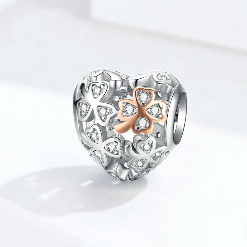 V562-42676240DBT-202504111521-00 925 Sterling Silver Heart Beaded Clover Bracelet Charm - Image 1