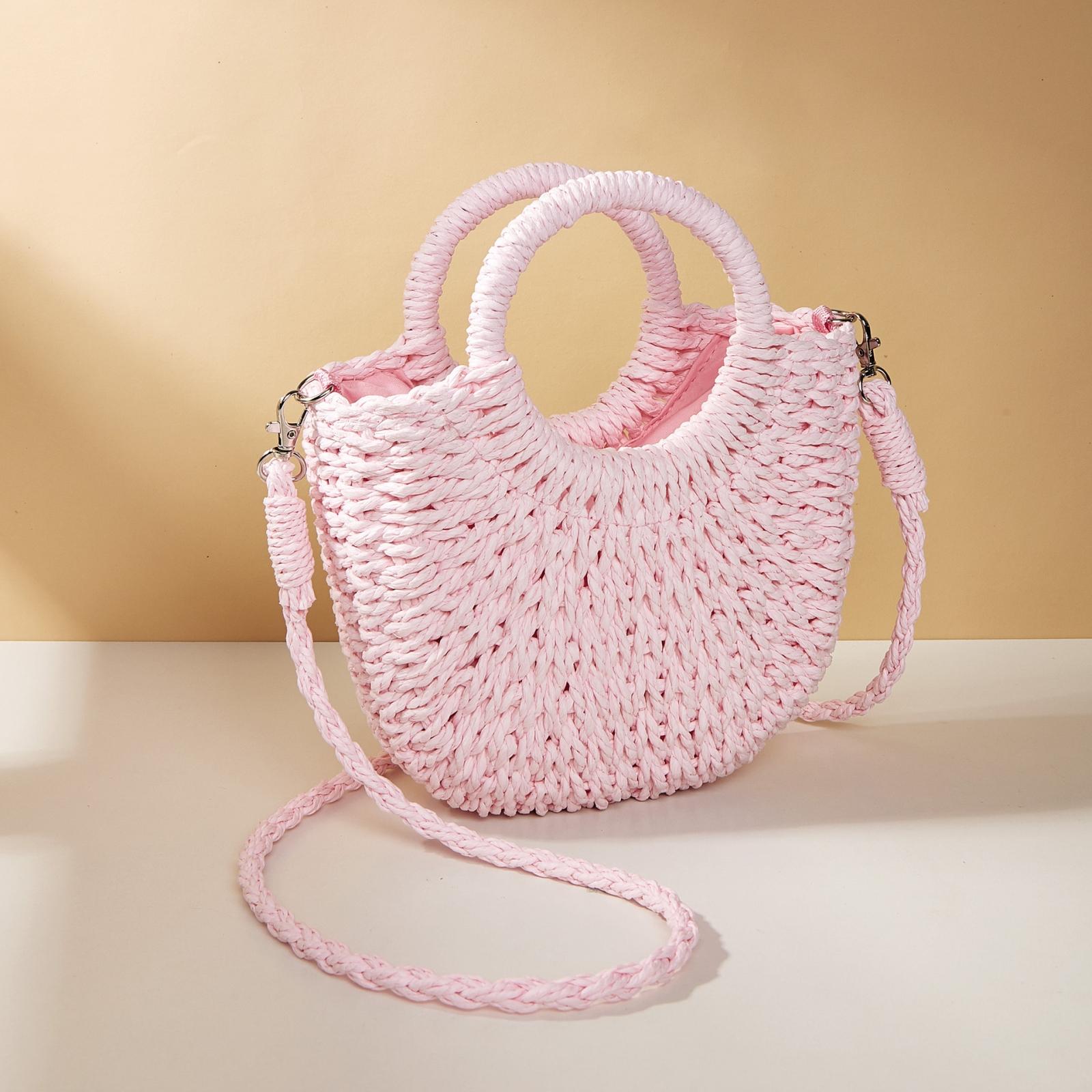 V562-5010154060DBT-202505191641-00 Beige Half Moon Straw Tote Woven Beach Bag - Pink - Image 1