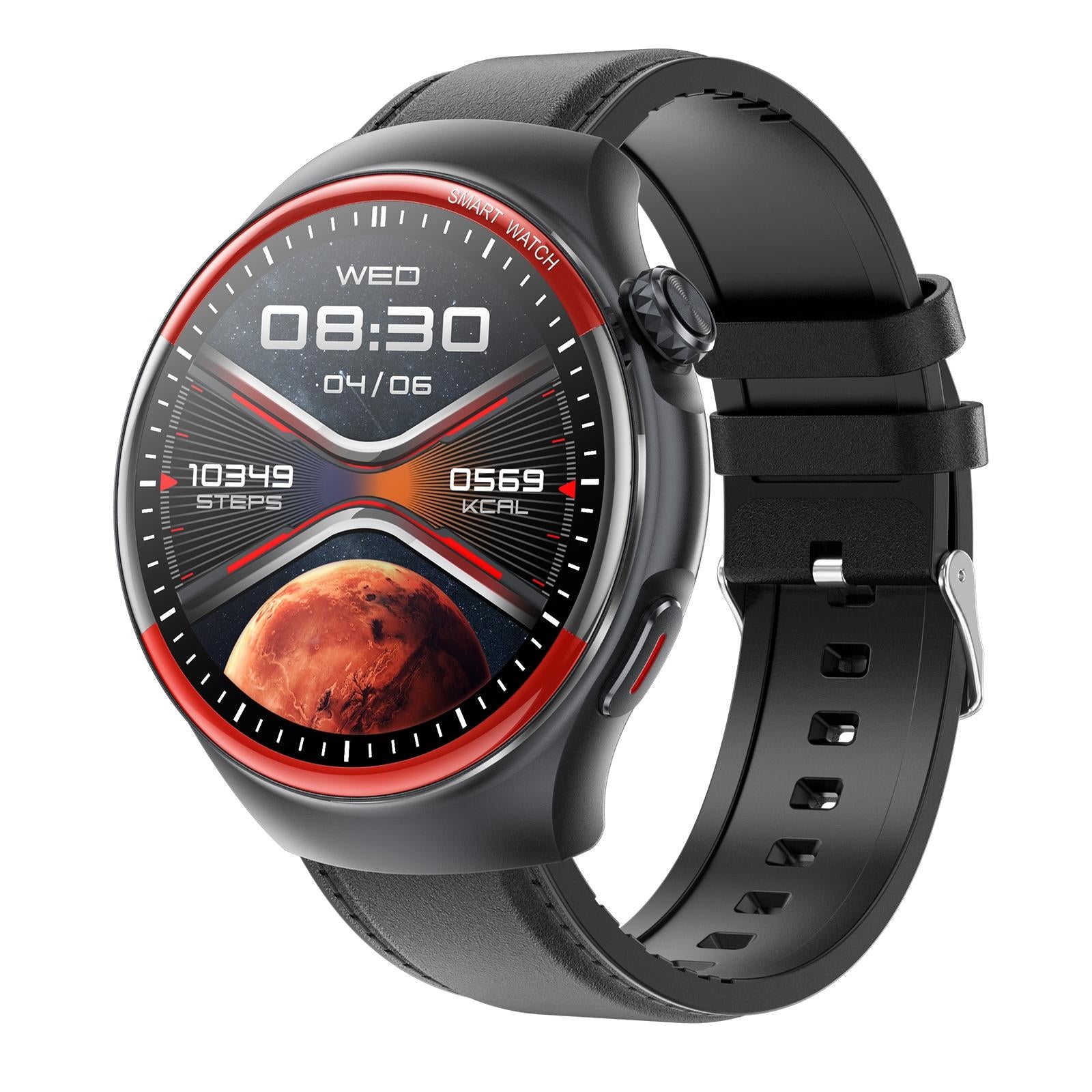 V562-506073700ADE-202504171917-00 Smart Round Screen Watch With Bt Call And Health Tracking - Leather - Leather Black - Image 1