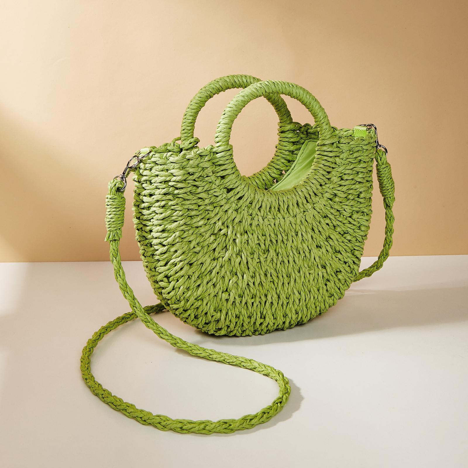 V562-6010154060DBT-202505191642-00 Beige Half Moon Straw Tote Woven Beach Bag - Green - Image 1