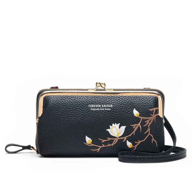 V562-7092934060DBT-202505191452-00 Black Embroidered Crossbody Wallet With Large Capacity - Black - Image 1