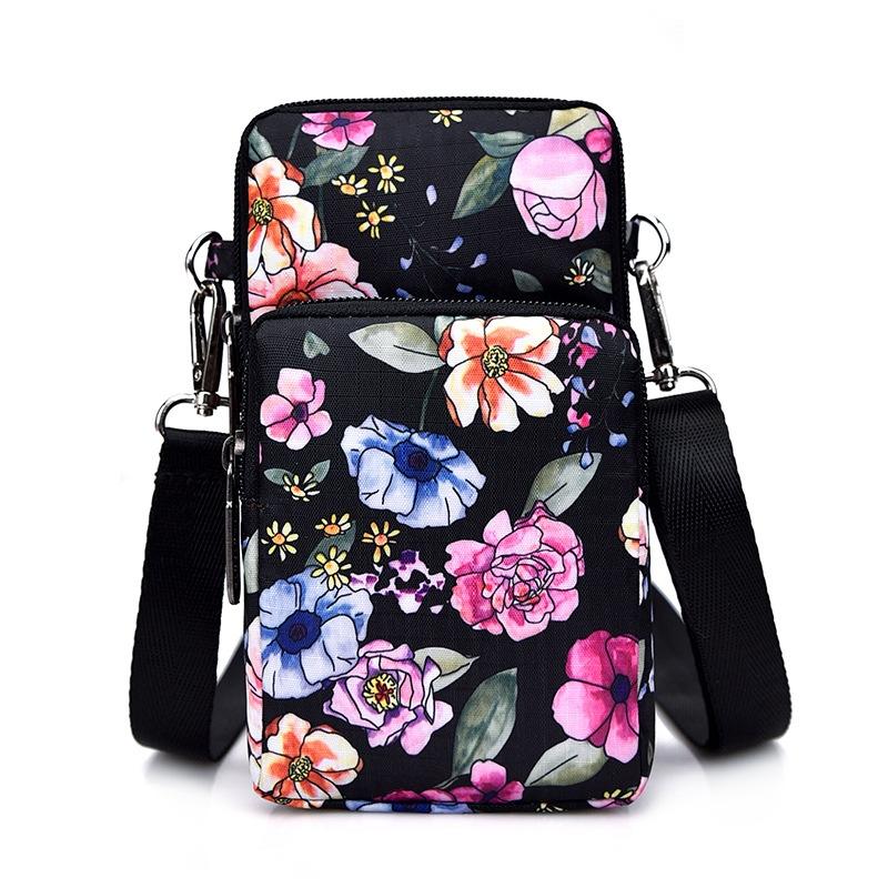 V562-8024774060DBT-202505191610-00 Animal Park Mini Crossbody Phone Wallet With Arm Band - Black Flower1 - Image 1