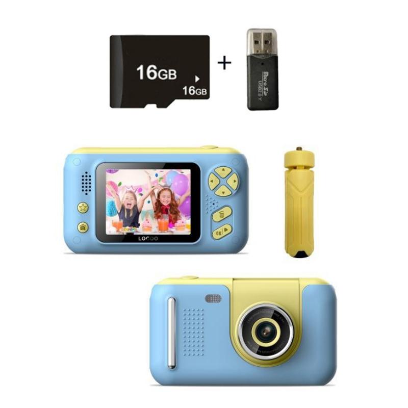 V562-9085903060DBT-202502212155-00 2.4 Hd Reversible Kids Camera + 16gb Memory Card & Reader - Yellow / Blue - Image 1