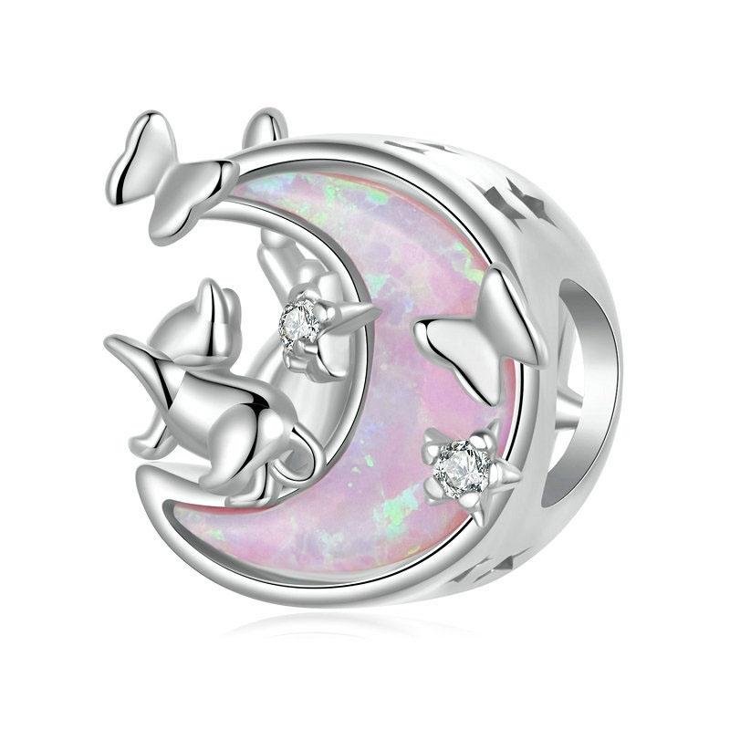 V562-A1011325060DBT-202504112015-00 925 Sterling Silver Opal Moon Cat Pendant In Plating - Image 1