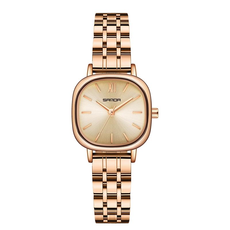 Women Oval Dial Quartz Watch with Simple Bar Scale - Steel Belt Rose Gold