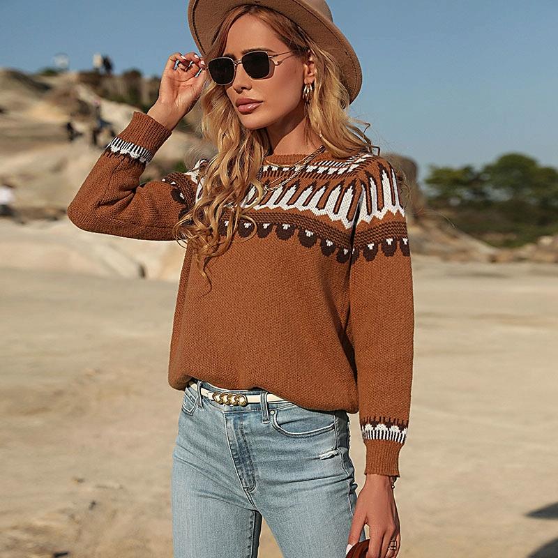 V562-A102057300ADE-202505261947-00 Fall Winter Women Knitted Long Sleeve Sweater Pullover Brown - S - Image 1