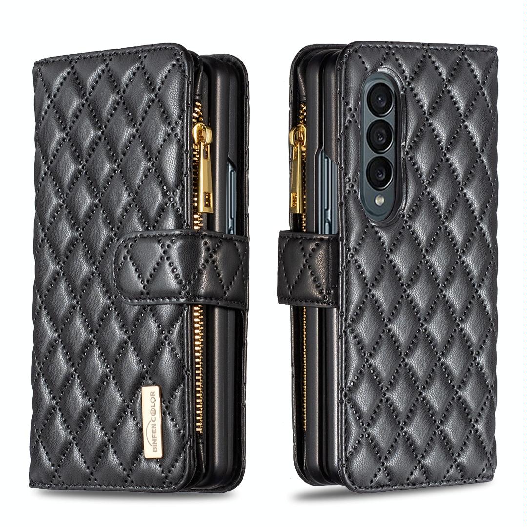 V562-A102265300ADE-202505211941-00 For Samsung Galaxy Z Fold4 5G Leather Zip Wallet - Diamond Lattice Design - Black - Image 1