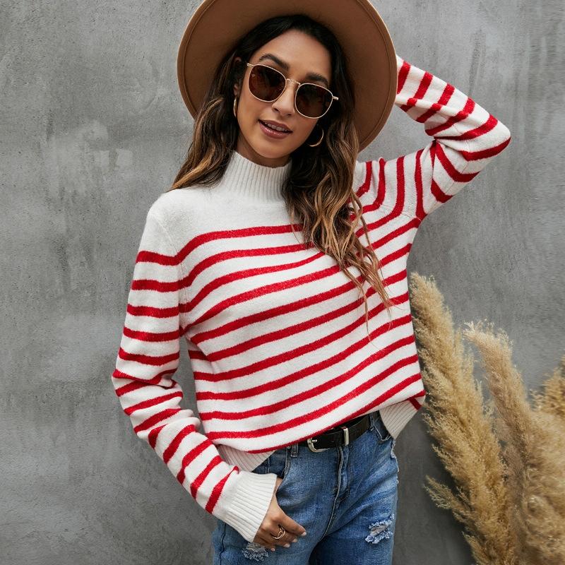 V562-A1023123060DBT-202505261941-00 Women Striped Knitwear Loose Stand-Up Collar Pullover Sweater - Red And White - Xs - Image 1