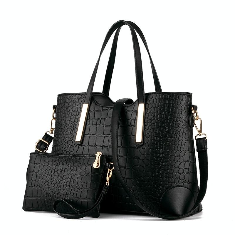 V562-A1047631410DBT-202503041336-00 Vintage 2-in-1 Messenger Bag with Crocodile Pattern and Leather Wallet - Black - Image 1
