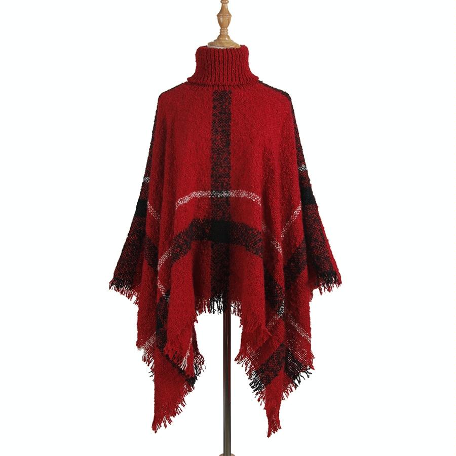 V562-A1051504450DBT-202505262026-00 Women Mid-Length Turtleneck Sweater Fringed Cloak Shawl - Size Free Size - Red - Image 1