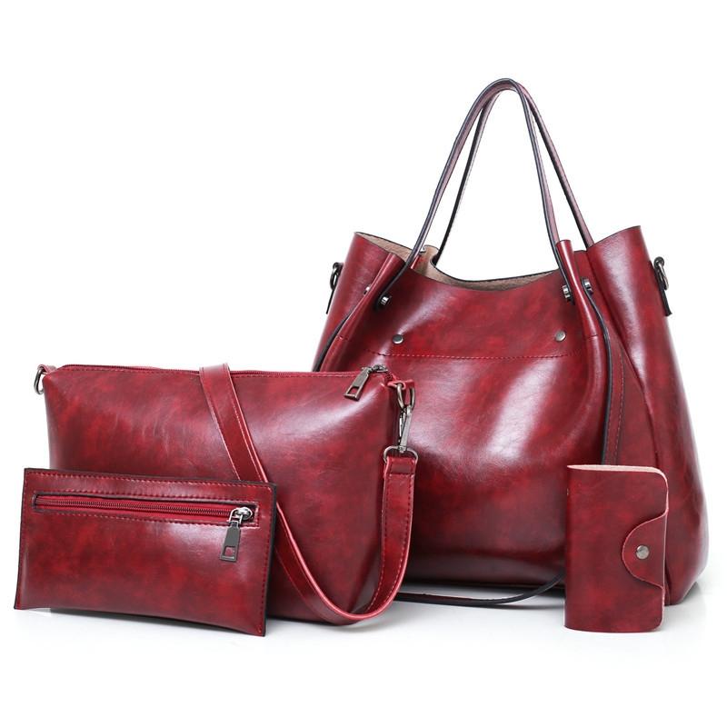 Retro Ladies Handbag - 4-in-1 Fashion Bucket Bag with Large Capacity - Red Eine