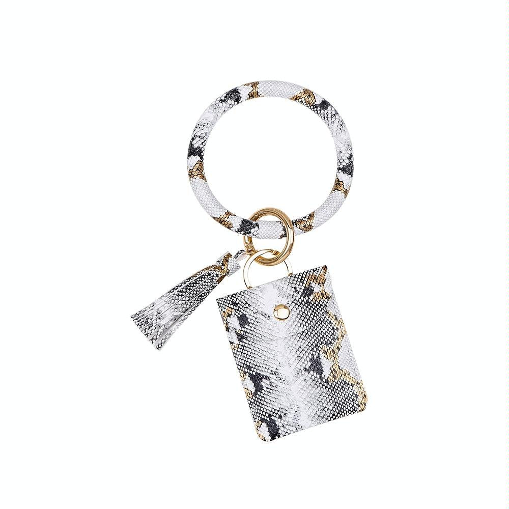 V562-A1094643450DBT-202503281931-00 Snake Print Wrist Keychain Coin Purse Black Pu Leather Bracelet Card Case - White - Image 1