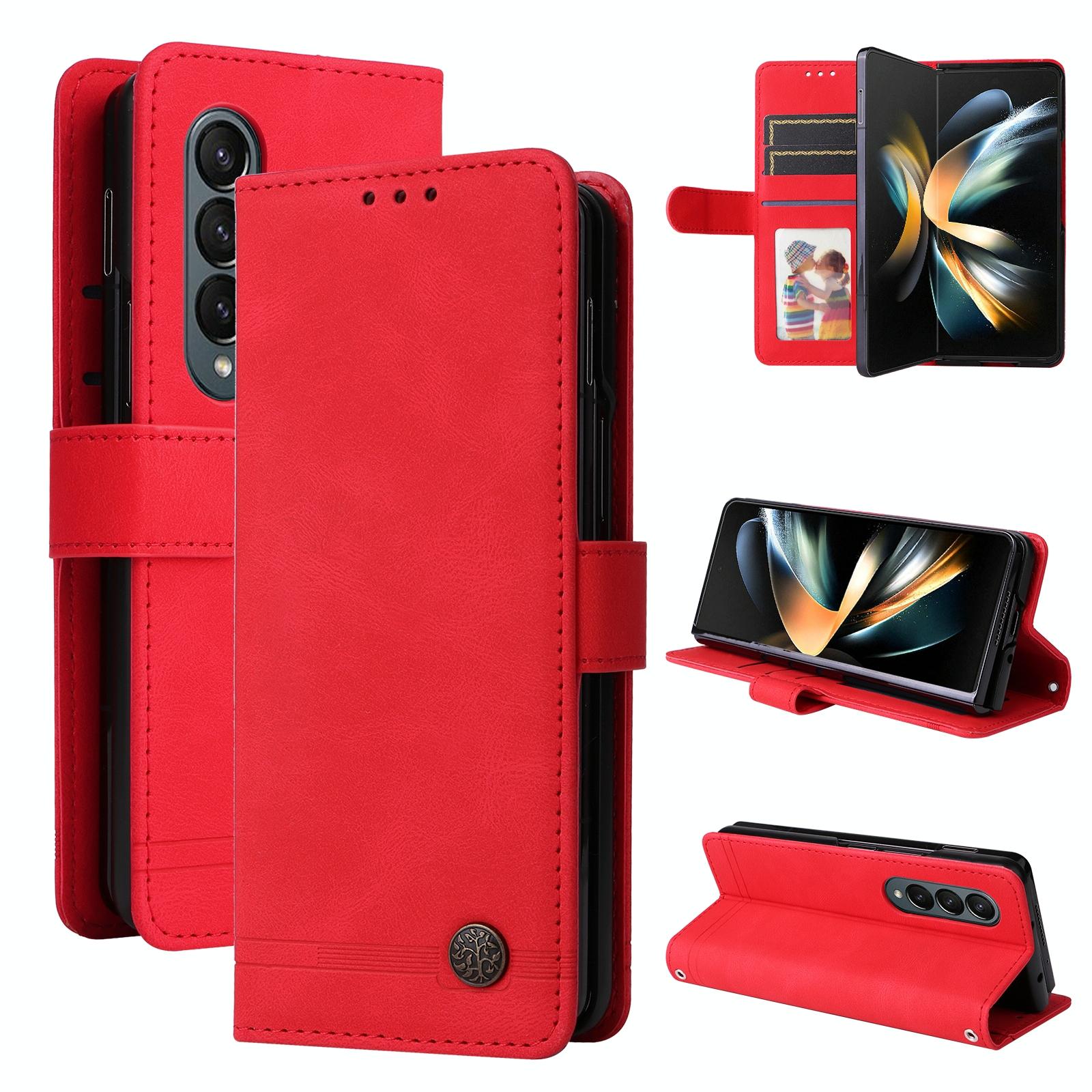 V562-A201373400ADE-202503211346-00 For Samsung Galaxy Z Fold4 5G Metal Button Leather Case - Tree Design - Red - Image 1