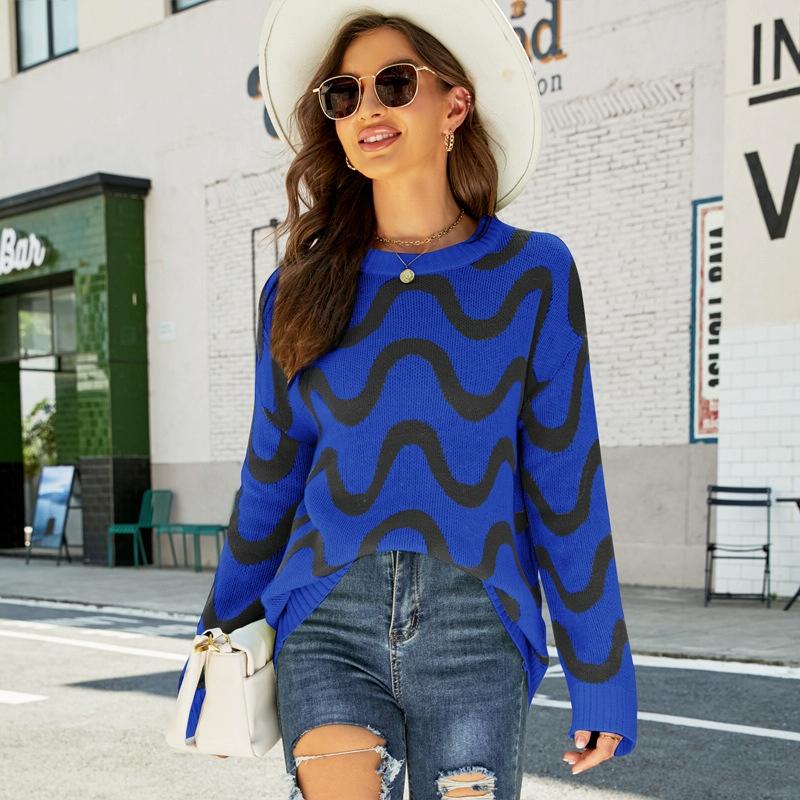 V562-A2018123060DBT-202505261937-00 Women Casual Pullover Sweater Round Neck Wave Pattern Collision Colour Knitted Sweater - Size M Black - Black - Image 1