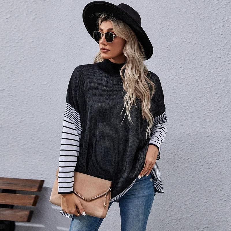 V562-A300947300ADE-202505261923-00 Women Long Sleeve Mock Neck Striped Knit Sweater Casual Tops Black - L - Image 1
