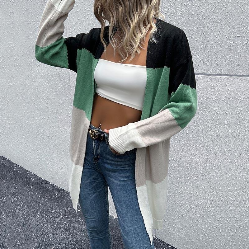 V562-A301347300ADE-202505262026-00 Long Cardigan Open Front Colour Block Cardigan Knit Sweaters Green - L - Image 1