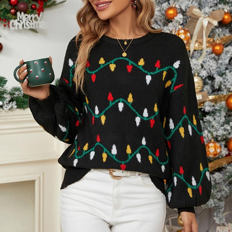 V562-A3096914060DBT-202505261935-00 Women Christmas Sweater Sweet Loose Pullover Knit Sweater Black - L - Image 1