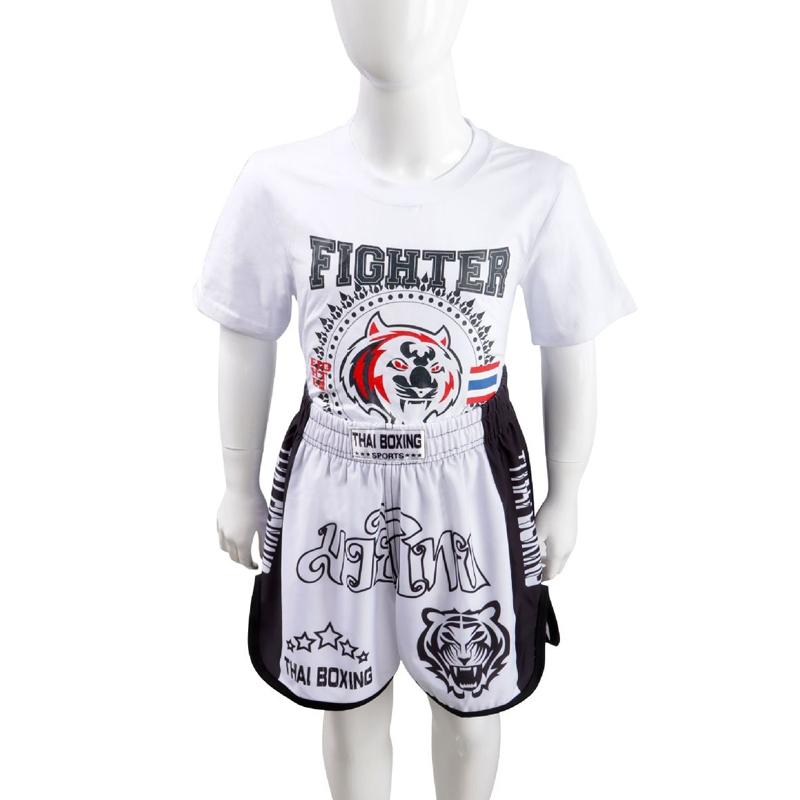 V562-A8023134060DBT-226144-00 Kids Boxing Set - Sparring Shorts And Tights - Bright Green - Tiger Head White - M - Image 1
