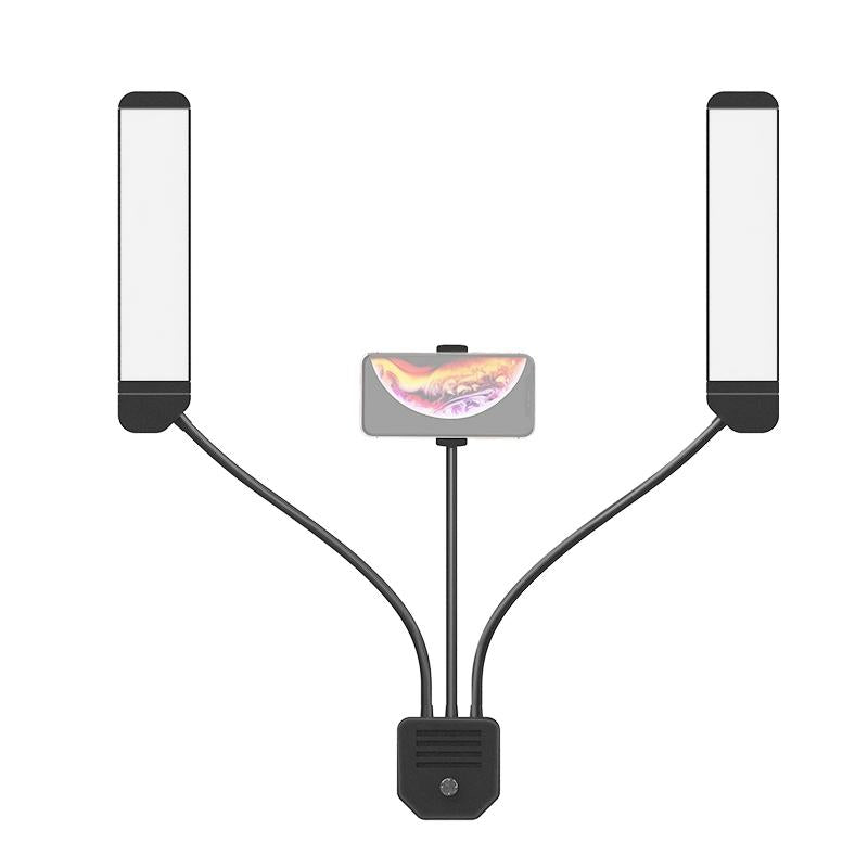 V562-B0325PCM-202502212225-00 Portable Double Arm Fill Light with Phone Clip - Adjustable Brightness Black - Image 1