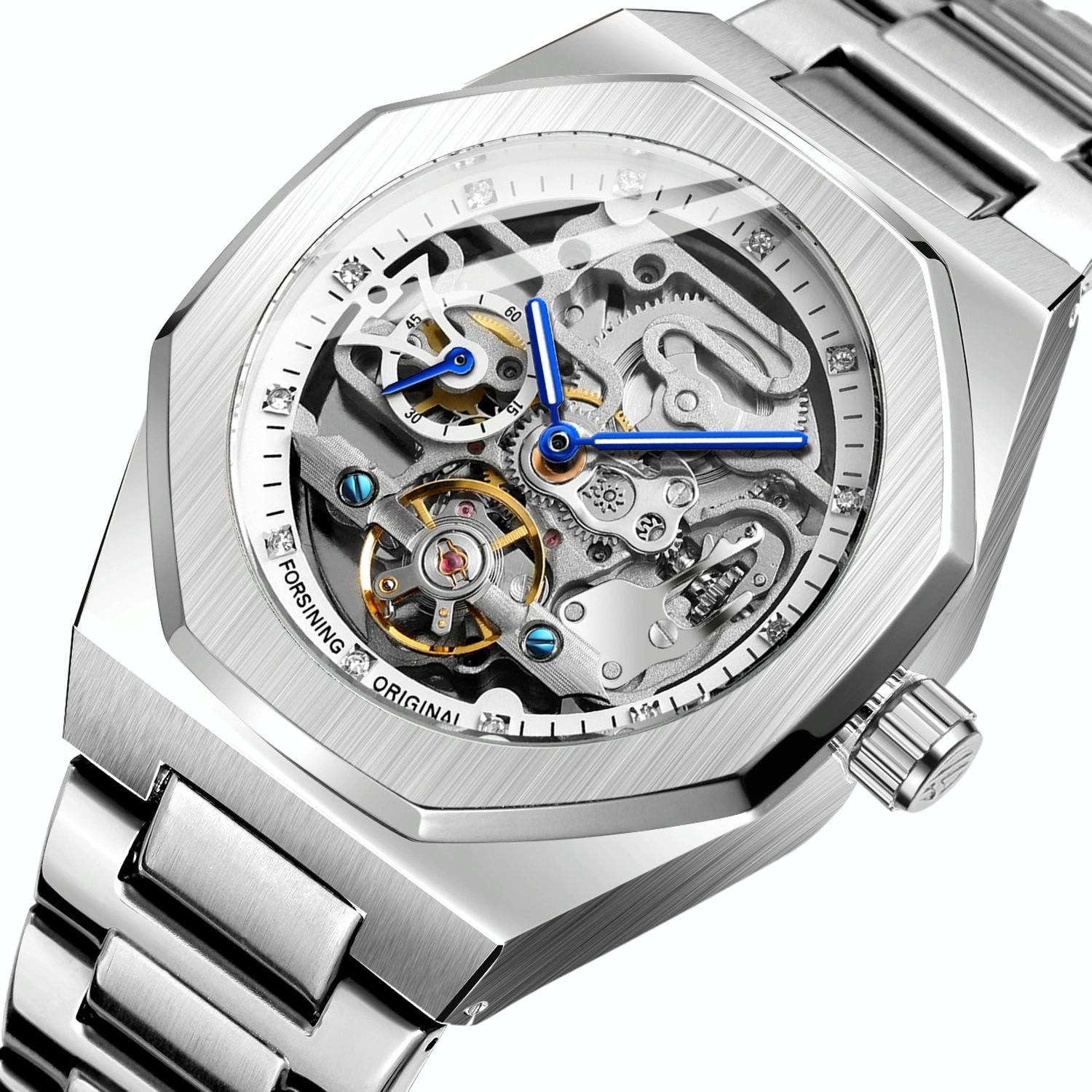 V562-B1012923060DBT-202504181115-00 Men Automatic Mechanical Watch with Luminous Dial and Steel Band - Silver Belt White Face - Image 1