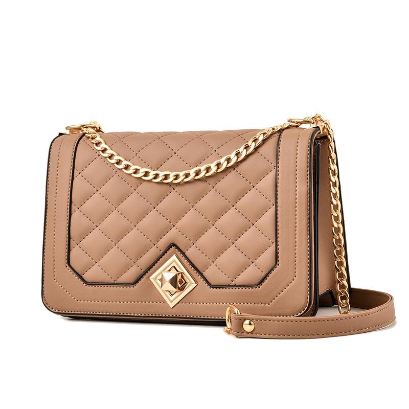 V562-B1014522060DBT-202505191626-00 Chic One Shoulder Chain Bag With Diagonal Rhombus Design - Khaki - Image 1