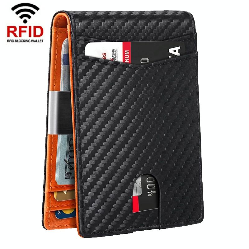 V562-B1018593060DBT-202505291518-00 Rfid-protected Leather Credit Card Wallet - Secure & Stylish - Carbon Fiber Black Orange Inside - Image 1
