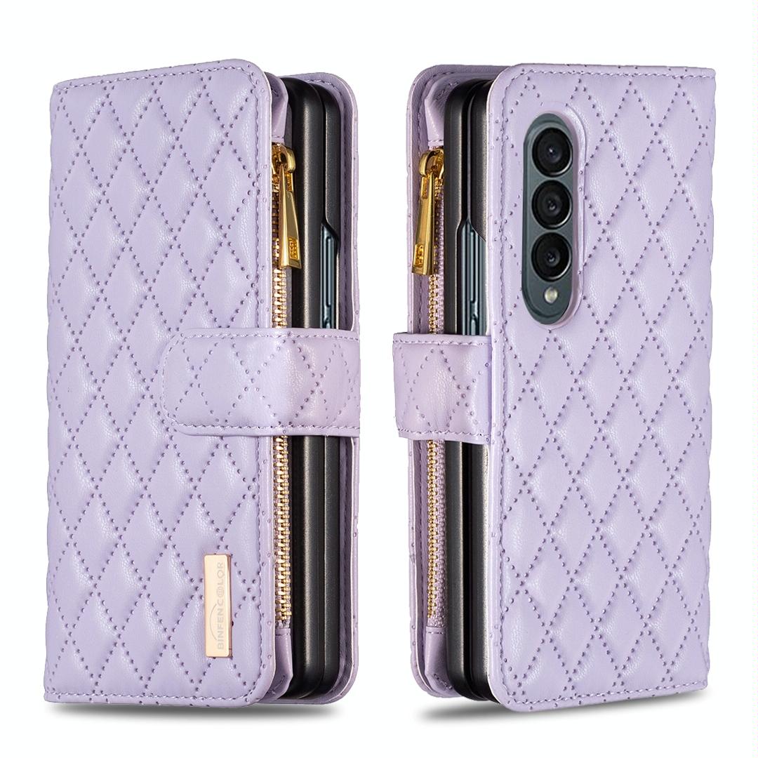 V562-B102265300ADE-202505211941-00 For Samsung Galaxy Z Fold4 5G Leather Zip Wallet - Diamond Lattice Design - Purple - Image 1