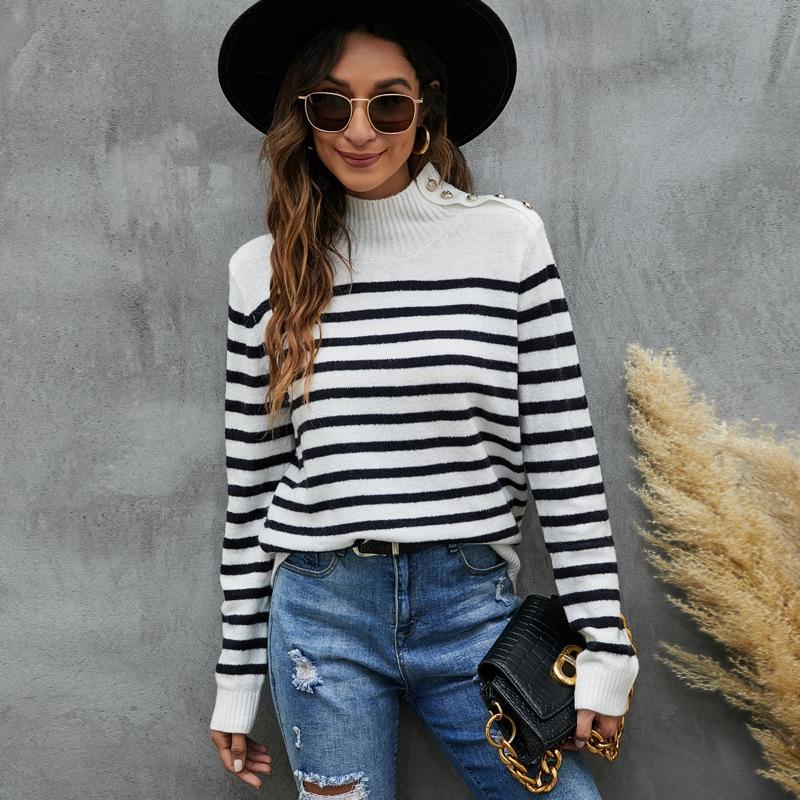 V562-B1023123060DBT-202505261941-00 Women Striped Knitwear Loose Stand-Up Collar Pullover Sweater - Black And White - Xs - Image 1