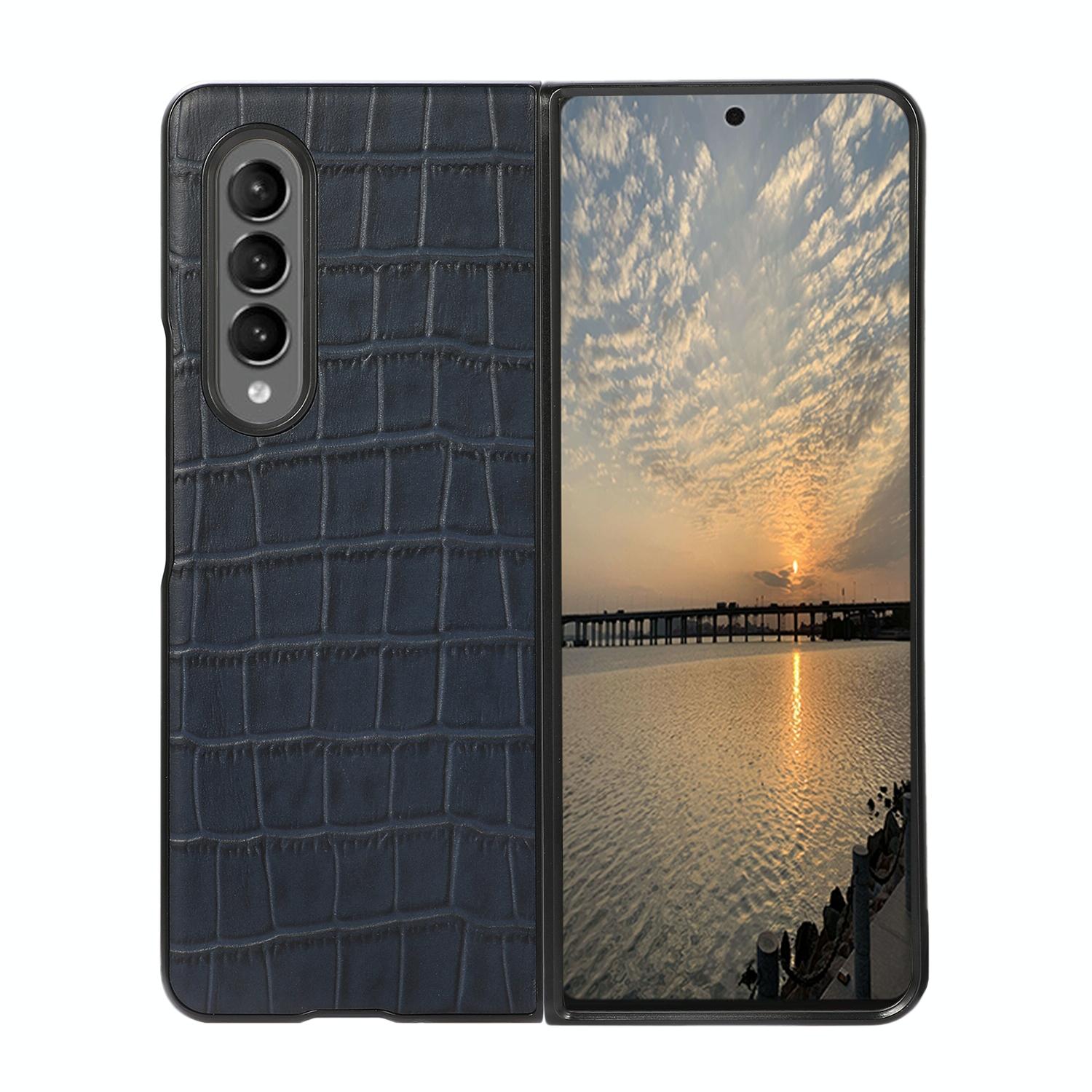 V562-B102470300ADE-202505221921-00 For Samsung Galaxy Z Fold4 5G Genuine Leather Crocodile Texture Phone Case - Blue - Image 1